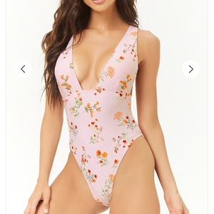 Plunging Striped Floral One-Piece Swimsuit